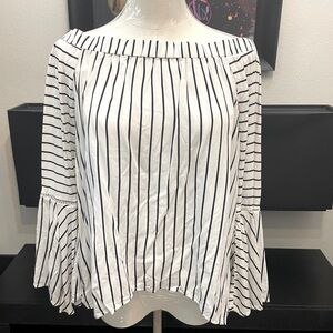 Womens off-the-shoulder blouse white with black verticle stripes size medium